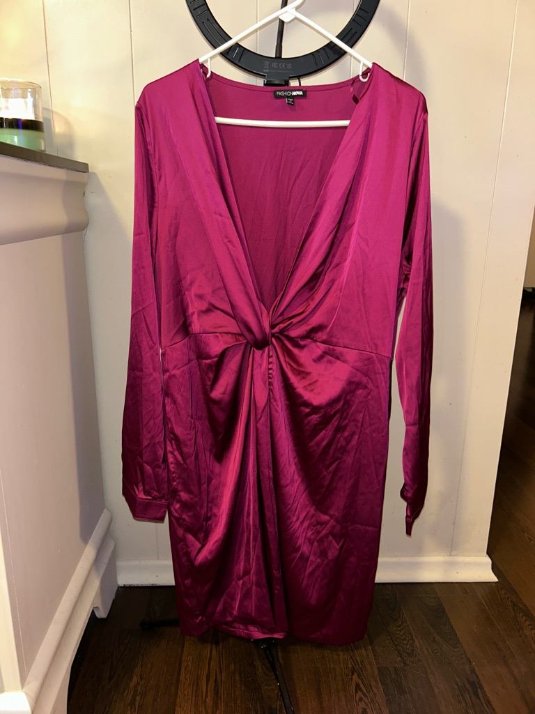 Fashion Nova Fuchsia Satin Twist-Front Long Sleeve Dress